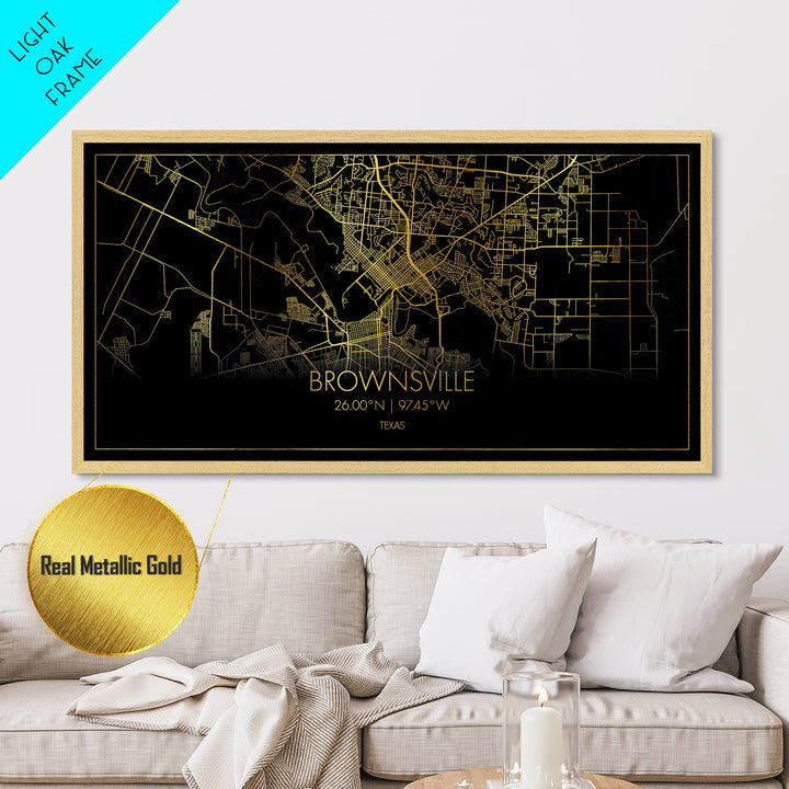 Brownsville Texas City street map, Metallic Gold Print, Metal Art, wood framed map, black and gold, Travel Poster, Street Map Art, Gold Street Map Art