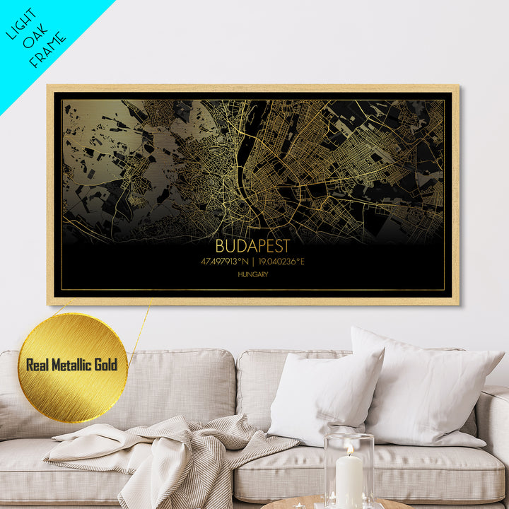 Budapest Hungary City Poster, Metallic Gold Art, Metal Art, real wood frames, black and gold, Street Map Wall Art, Real Wood Frames, Housewarming Gift