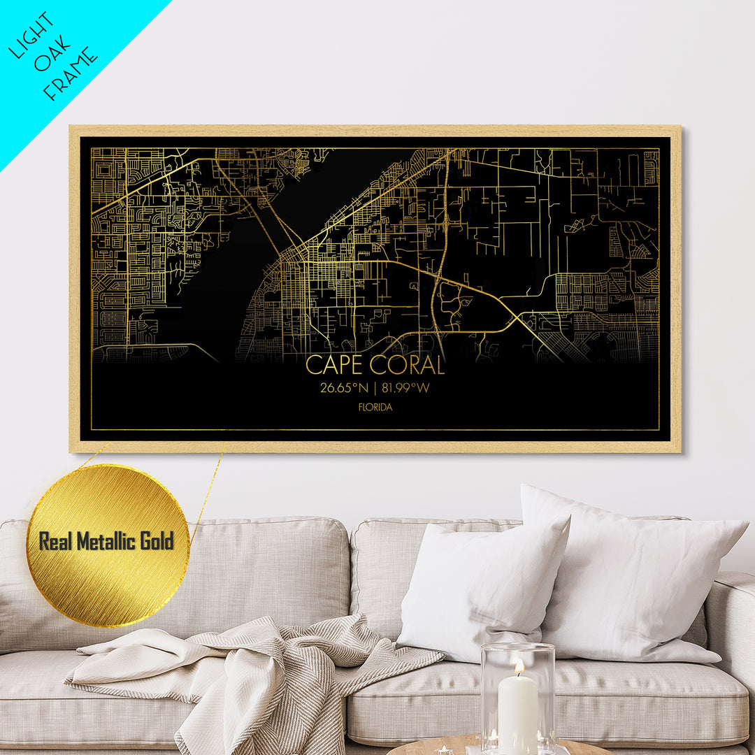 Cape Coral Florida City Poster, Metallic Gold Art, Metal Art, real wood frames, black and gold, Street Map Art, Map Print Poster, Travel Poster