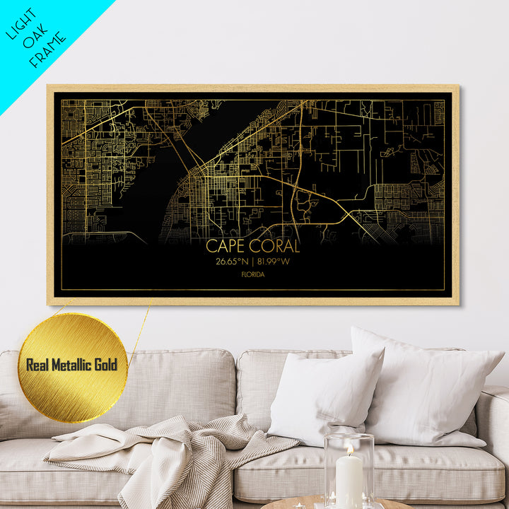 Cape Coral Florida City Poster, Metallic Gold Art, Metal Art, real wood frames, black and gold, Street Map Art, Map Print Poster, Travel Poster
