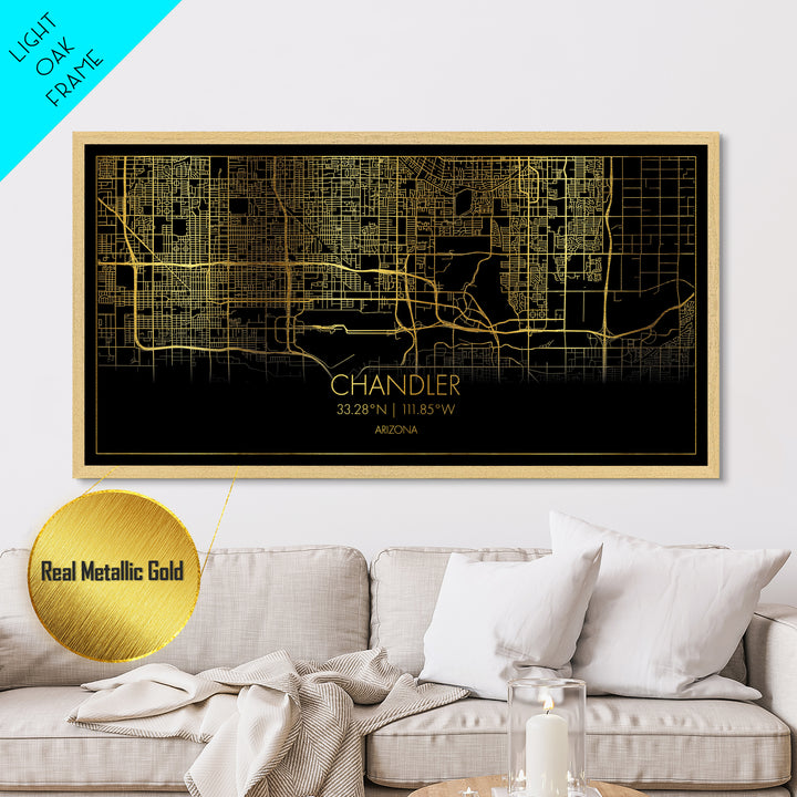 Chandler Arizona City street map, Metallic Gold Print, Metal Art, wood framed map, black and gold, Street Map Art, Housewarming Gift