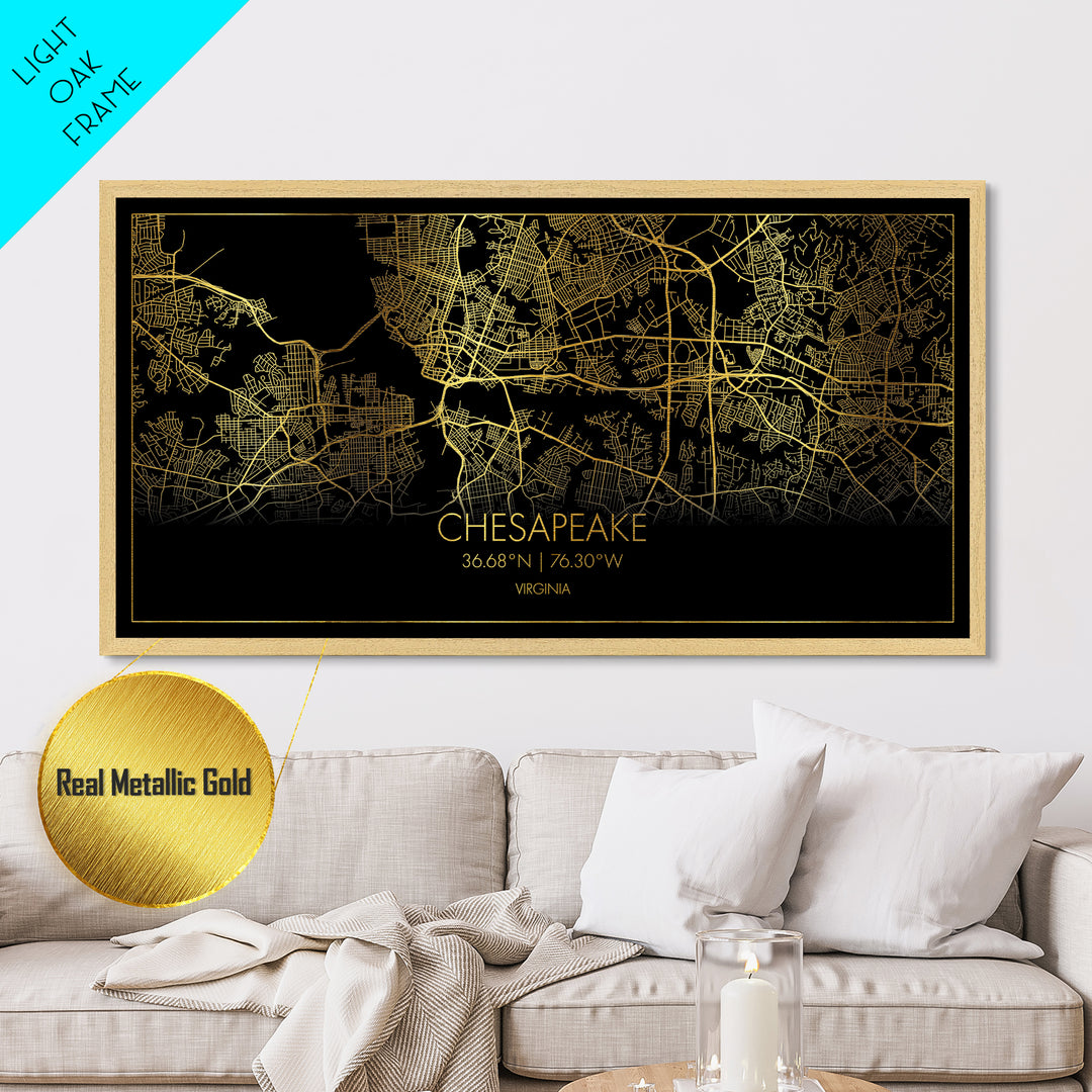 Chesapeake Virginia City Poster, Metallic Gold Art, Metal Art, real wood frames, black and gold, Street Map Art, Minimalist Wall Art, Office Decor
