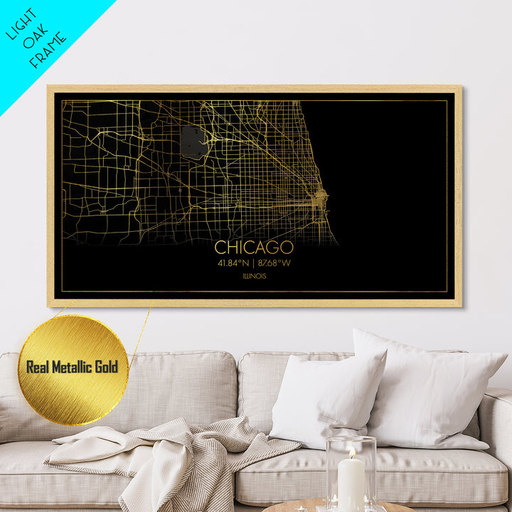 Chicago Illinois City street map, Metallic Gold Print, Metal Art, wood framed map, black and gold, Street Map Wall Art, College Dorm Décor