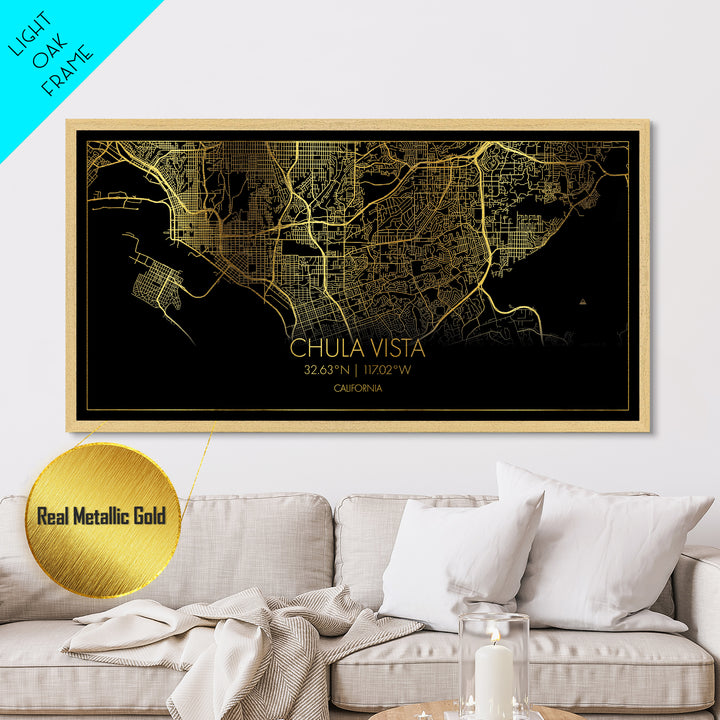 Chula Vista California City Poster, Metallic Gold Art, Metal Art, real wood frames, black and gold, Map Print Poster, Travel Poster, Modern House Art