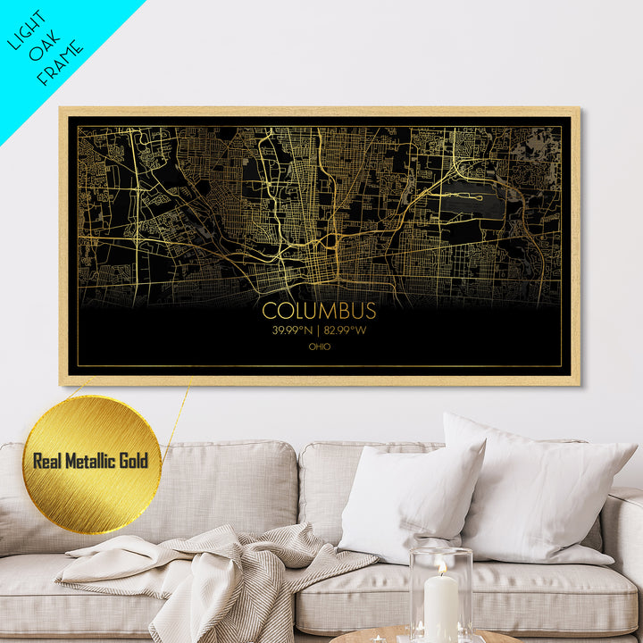 Columbus Ohio City Poster, Metallic Gold Art, Metal Art, real wood frames, black and gold, Street Map Wall Art, Map Art, Real Wood Frames