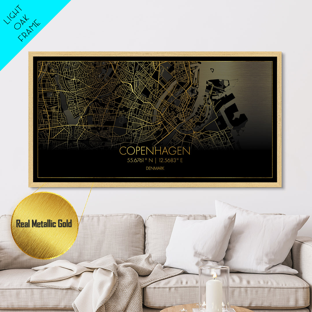 Copenhagen Denmark City street map, Metallic Gold Print, Metal Art, wood framed map, black and gold, Travel Poster, Street Map Art, Modern Wall Art