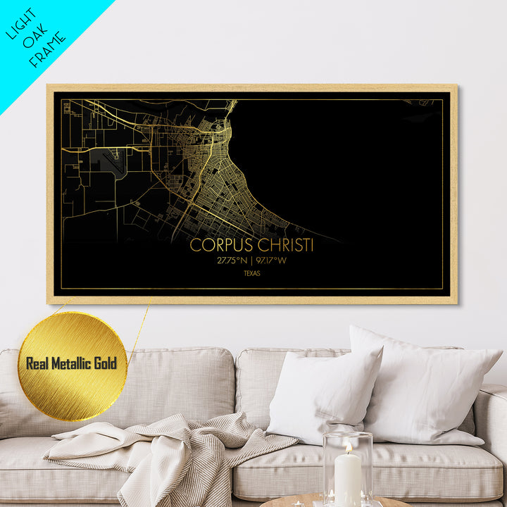 Corpus Christi Texas City Poster, Metallic Gold Art, Metal Art, real wood frames, black and gold, Street Map Art, Gold Street Map Art, Office Decor
