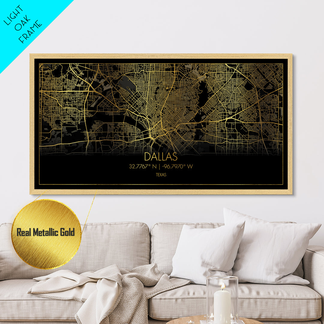Dallas Texas City street map, Metallic Gold Print, Metal Art, wood framed map, black and gold, Street Map Wall Art, College Dorm Décor, Minimalist Wall Art
