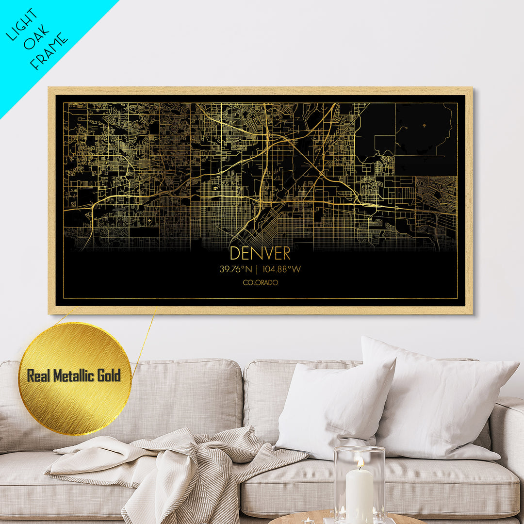 Denver Colorado City street map, Metallic Gold Print, Metal Art, wood framed map, black and gold, Street Map Art, Travel Poster, Modern House Art