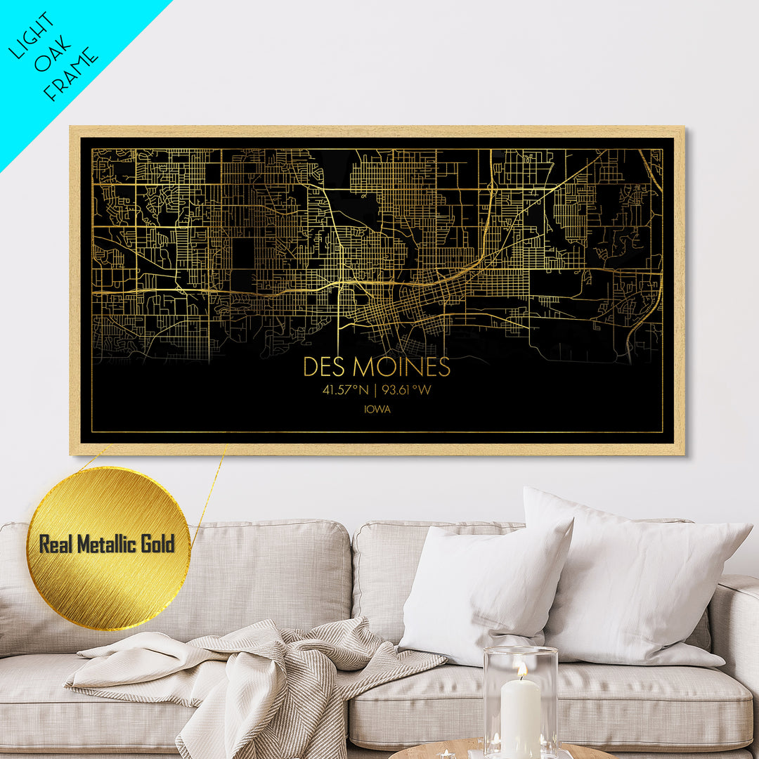 Des Moines Iowa City Poster, Metallic Gold Art, Metal Art, real wood frames, black and gold, Street Map Wall Art, Housewarming Gift, Map Art
