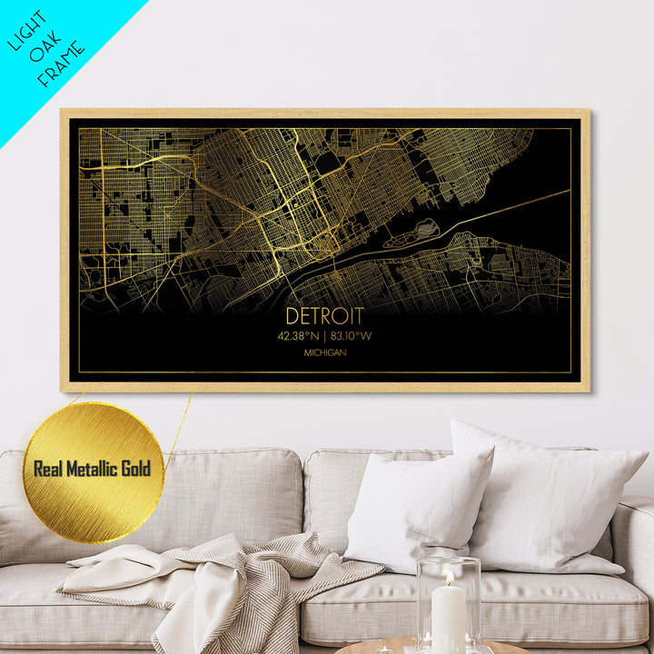 Detroit Michigan City street map, Metallic Gold Print, Metal Art, wood framed map, black and gold, Street Map Art, Map Print Poster