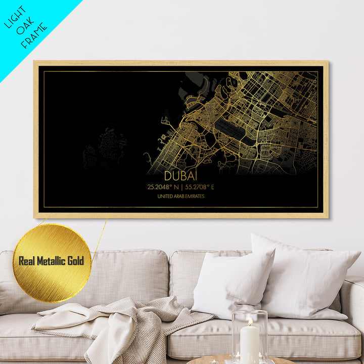 Dubai United Arab Emirates City Poster, Metallic Gold Art, Metal Art, real wood frames, black and gold, Street Map Art, Travel Poster, Gold Street Map Art