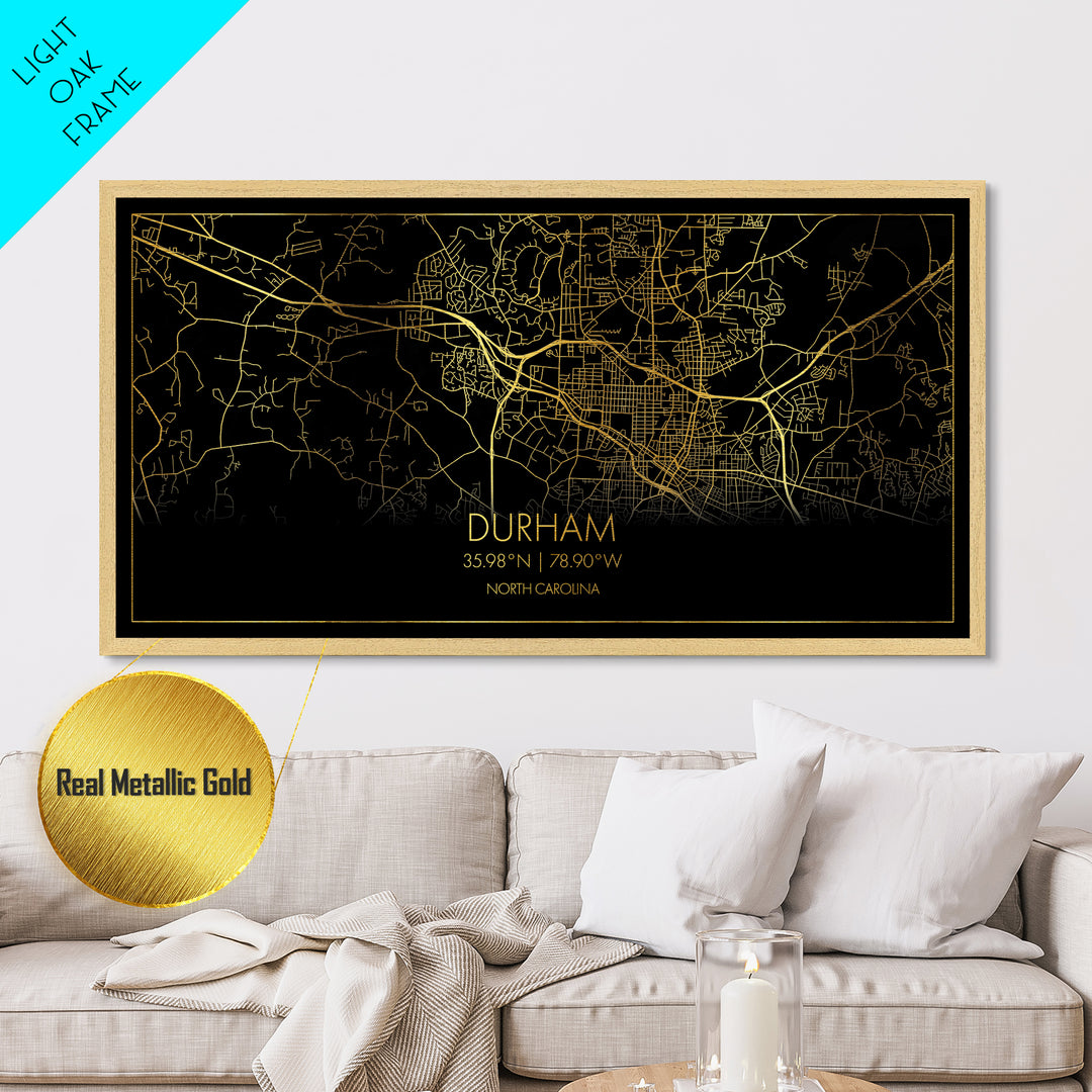 Durham North Carolina City Poster, Metallic Gold Art, Metal Art, real wood frames, black and gold, Street Map Art, Minimalist Wall Art, Office Decor
