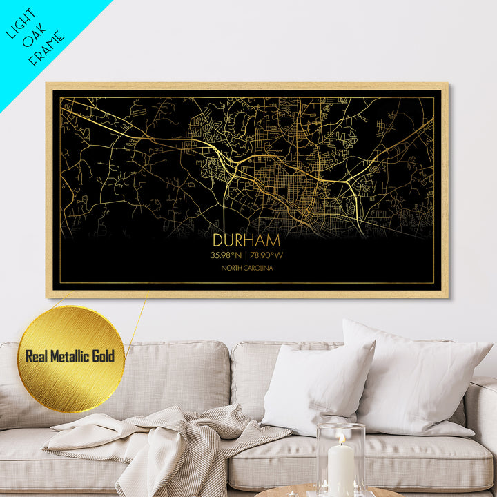 Durham North Carolina City Poster, Metallic Gold Art, Metal Art, real wood frames, black and gold, Street Map Art, Minimalist Wall Art, Office Decor