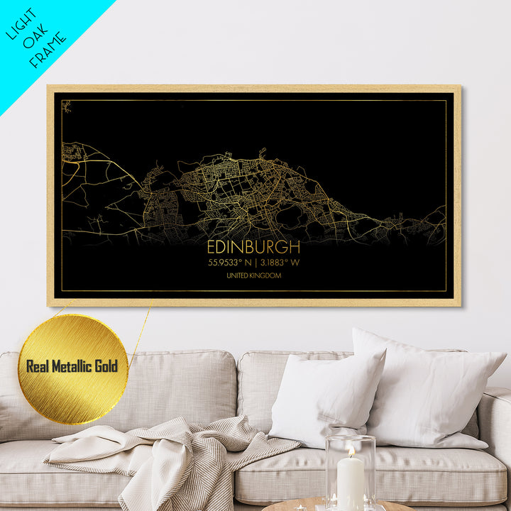 Edinburgh United Kingdom City street map, Metallic Gold Print, Metal Art, wood framed map, black and gold, Street Map Art, Travel Poster, Modern Wall Art