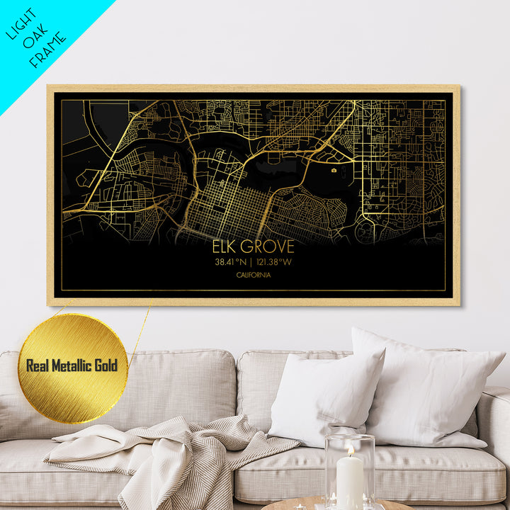 Elk Grove California City Poster, Metallic Gold Art, Metal Art, real wood frames, black and gold, Street Map Wall Art, Office Decor