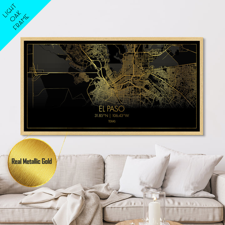 El Paso Texas City street map, Metallic Gold Print, Metal Art, wood framed map, black and gold, Street Map Art, Housewarming Gift