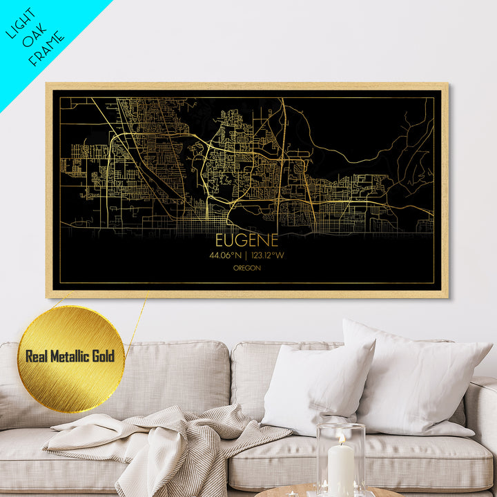 Eugene Oregon City Poster, Metallic Gold Art, Metal Art, real wood frames, black and gold, Travel Poster, Street Map Wall Art, Real Wood Frames