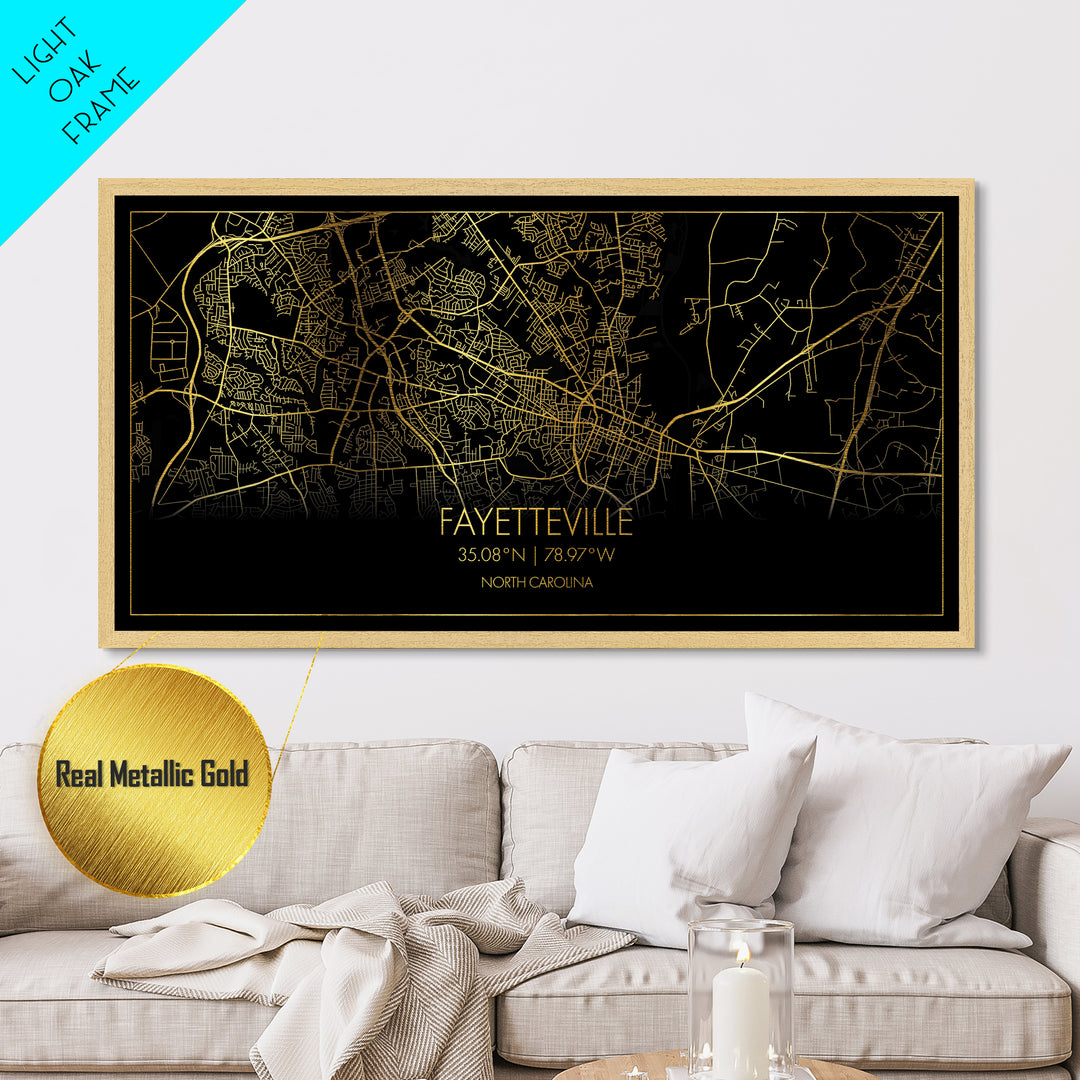 Fayetteville North Carolina City street map, Metallic Gold Print, Metal Art, wood framed map, black and gold, Street Map Art, College Dorm Décor