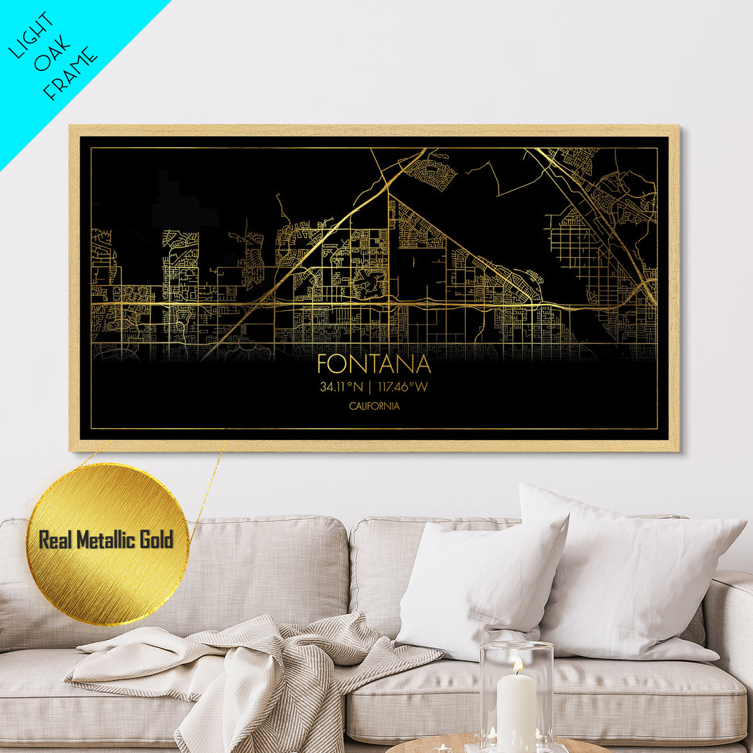 Fontana California City Poster, Metallic Gold Art, Metal Art, real wood frames, black and gold, Street Map Wall Art, Gold Street Map Art