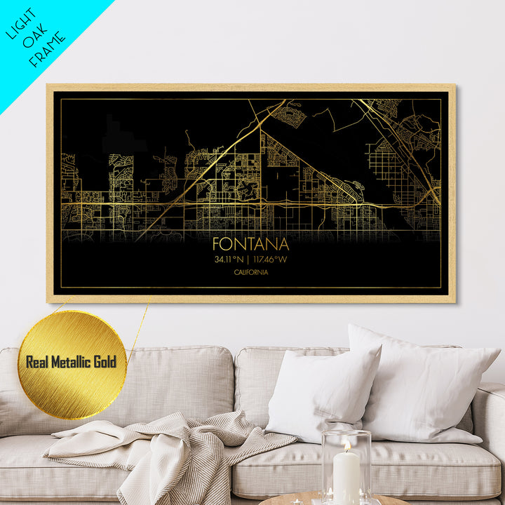 Fontana California City Poster, Metallic Gold Art, Metal Art, real wood frames, black and gold, Street Map Wall Art, Gold Street Map Art