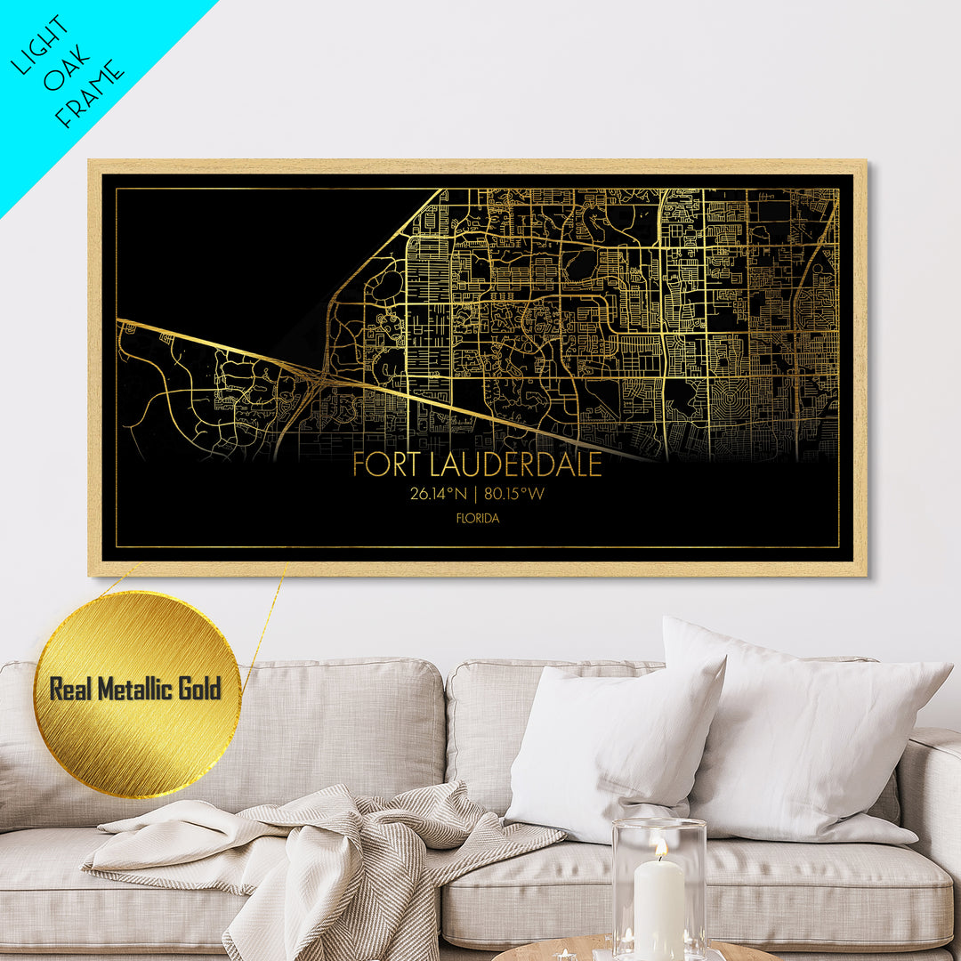 Fort Lauderdale Florida City street map, Metallic Gold Print, Metal Art, wood framed map, black and gold, Street Map Art, Housewarming Gift