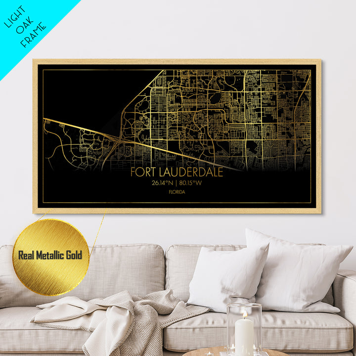 Fort Lauderdale Florida City street map, Metallic Gold Print, Metal Art, wood framed map, black and gold, Street Map Art, Housewarming Gift