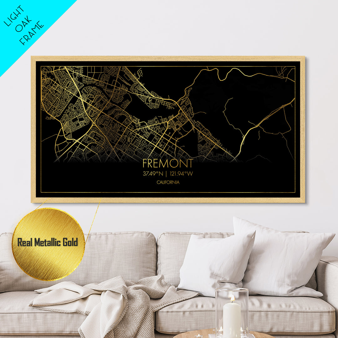 Fremont California City Poster, Metallic Gold Art, Metal Art, real wood frames, black and gold, Street Map Wall Art, Best Friend Gifts