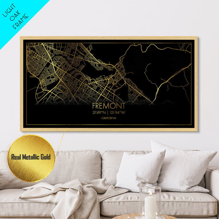 Fremont California City Poster, Metallic Gold Art, Metal Art, real wood frames, black and gold, Street Map Wall Art, Best Friend Gifts