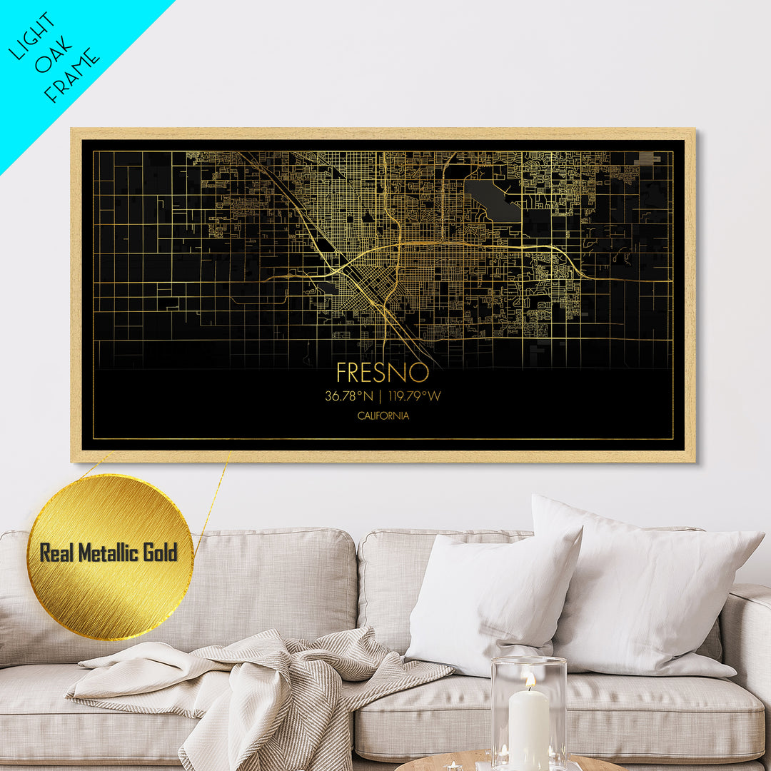 Fresno California City street map, Metallic Gold Print, Metal Art, wood framed map, black and gold, Street Map Art, Map Print Poster