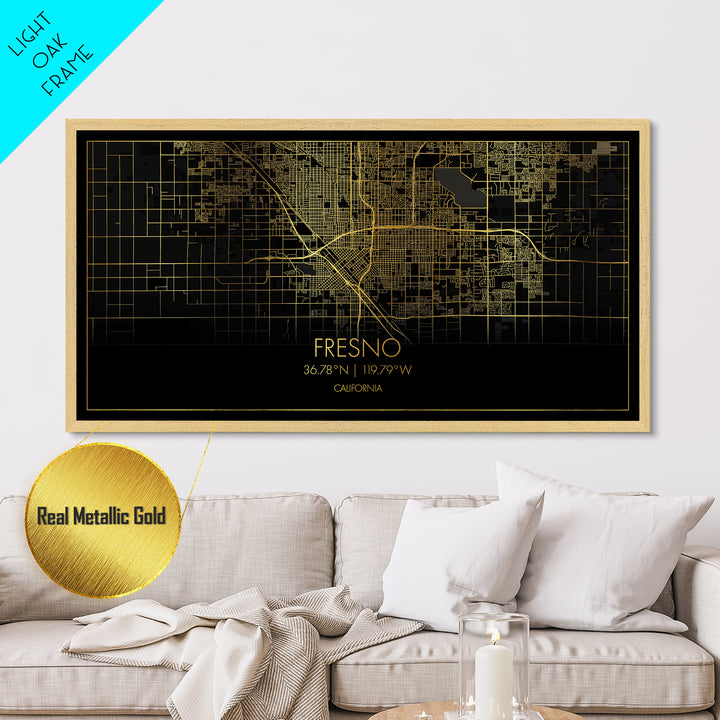 Fresno California City street map, Metallic Gold Print, Metal Art, wood framed map, black and gold, Street Map Art, Map Print Poster