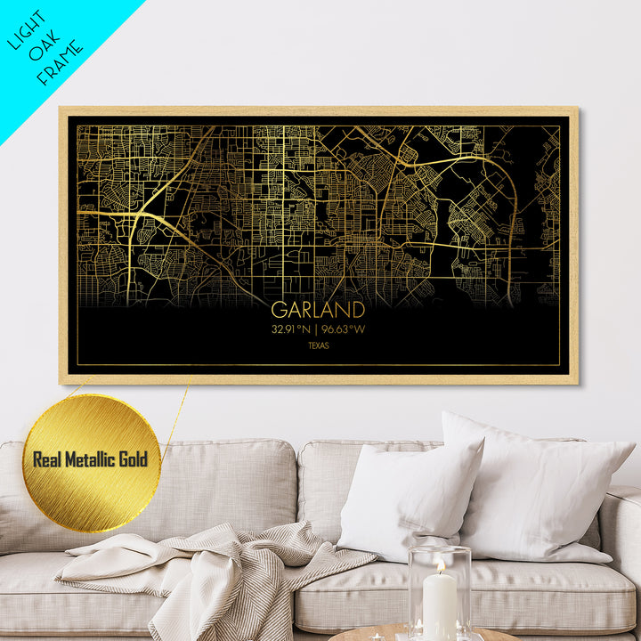 Garland Texas City Poster, Metallic Gold Art, Metal Art, real wood frames, black and gold, Street Map Wall Art, Travel Poster