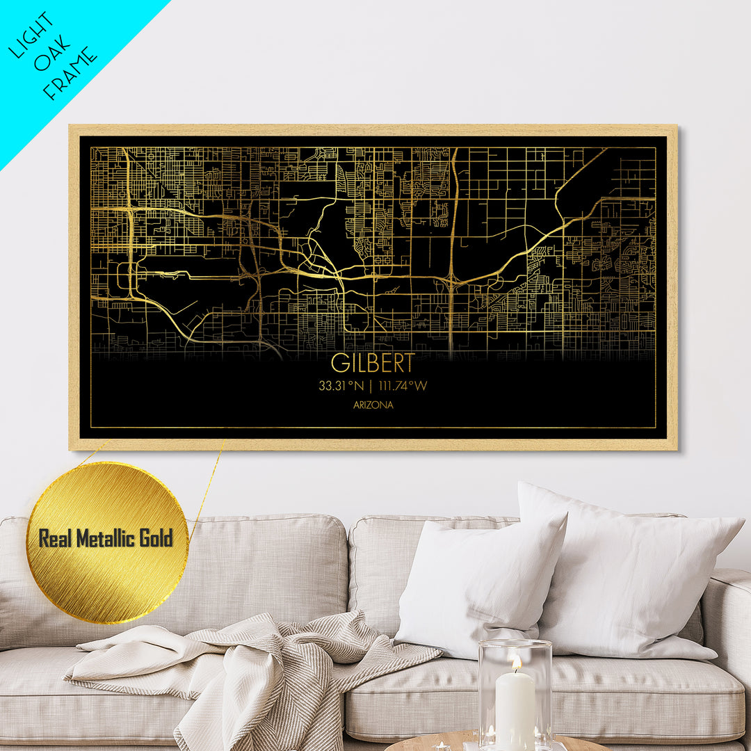 Gilbert Arizona City street map, Metallic Gold Print, Metal Art, wood framed map, black and gold, Street Map Art, Housewarming Gift, Map Art