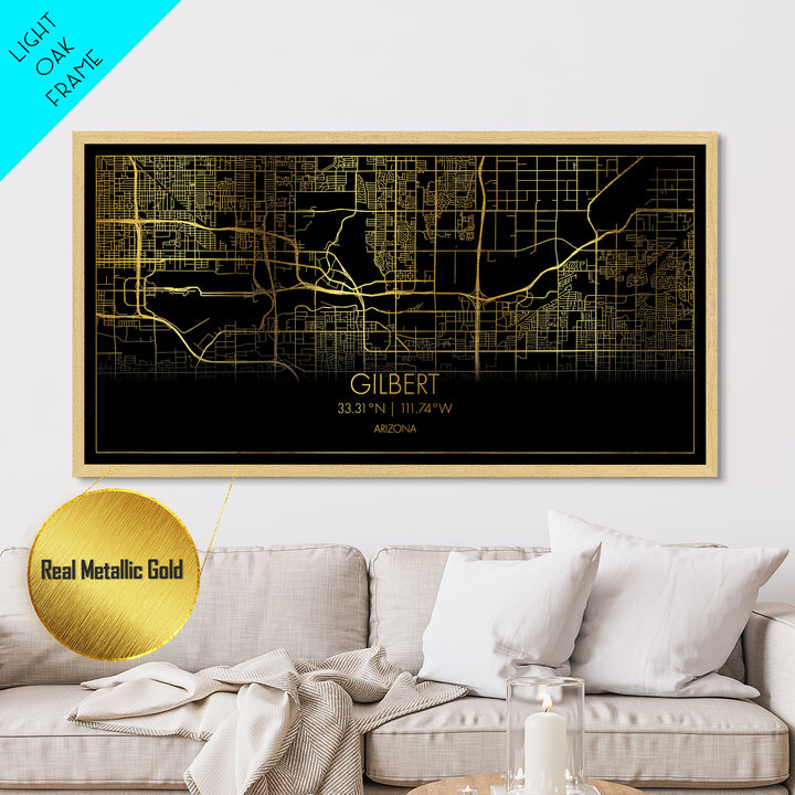 Gilbert Arizona City street map, Metallic Gold Print, Metal Art, wood framed map, black and gold, Street Map Art, Housewarming Gift, Map Art