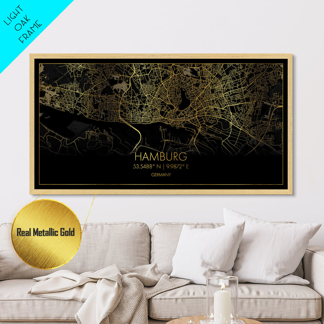 Hamburg Germany City street map, Metallic Gold Print, Metal Art, wood framed map, black and gold, Street Map Art, Travel Poster