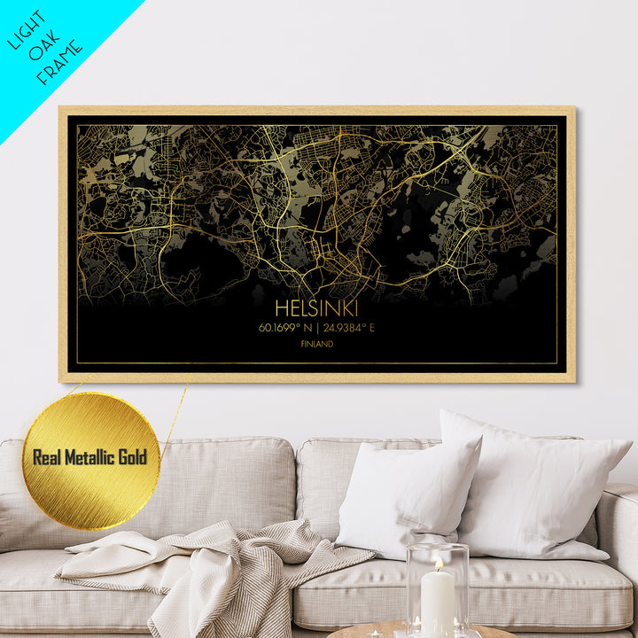 Helsinki Finland City Poster, Metallic Gold Art, Metal Art, real wood frames, black and gold, Street Map Wall Art, Map Art