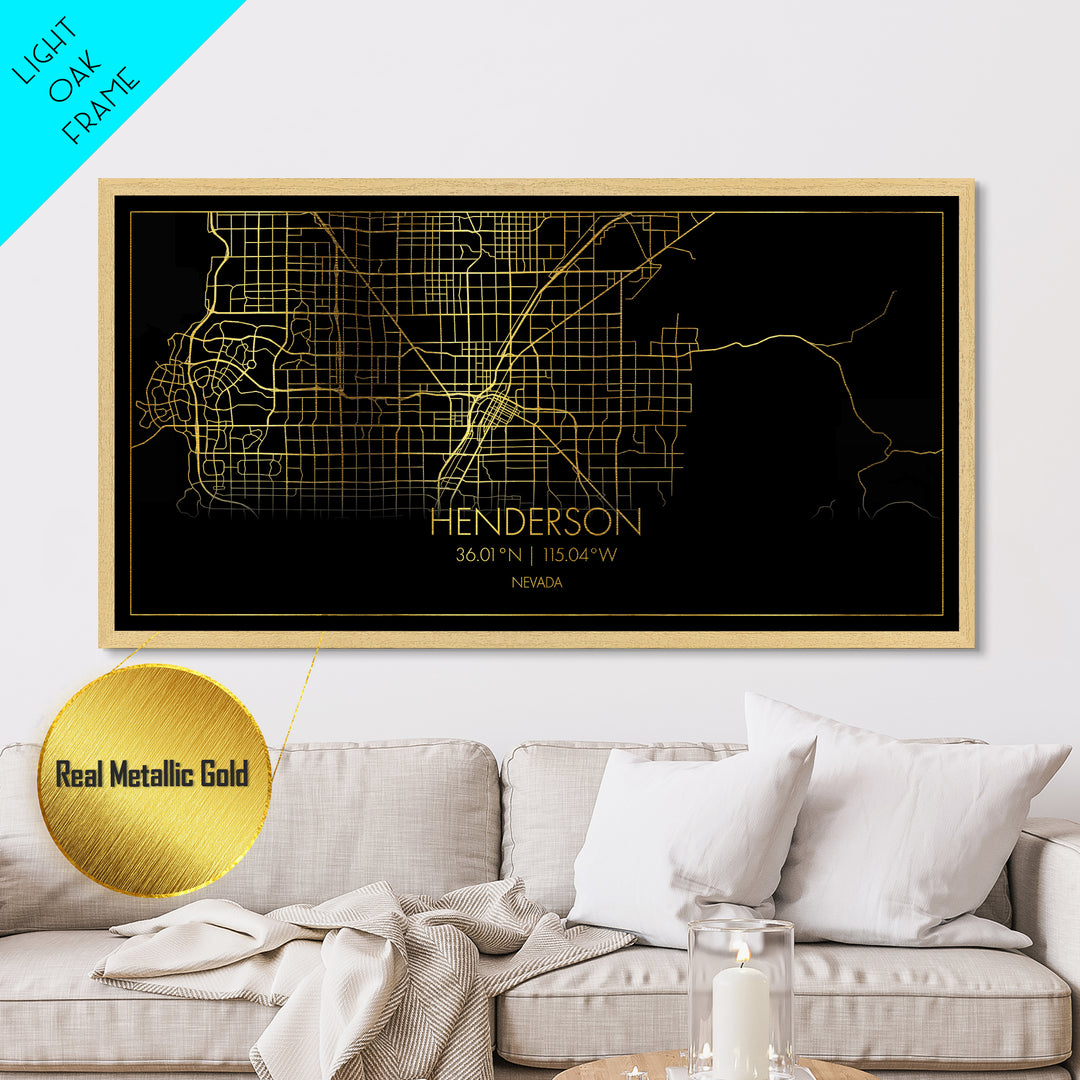 Henderson Nevada City street map, Metallic Gold Print, Metal Art, wood framed map, black and gold, Street Map Art, Housewarming Gift