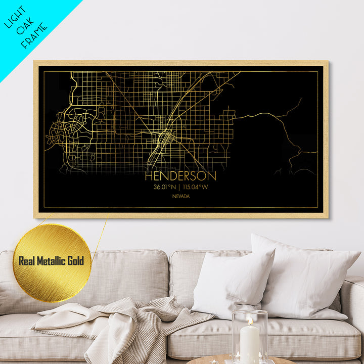 Henderson Nevada City street map, Metallic Gold Print, Metal Art, wood framed map, black and gold, Street Map Art, Housewarming Gift