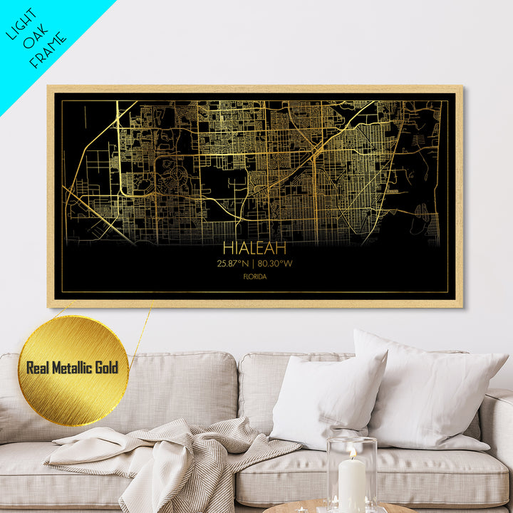 Hialeah Florida City Poster, Metallic Gold Art, Metal Art, real wood frames, black and gold, Street Map Wall Art, Map Print Poster