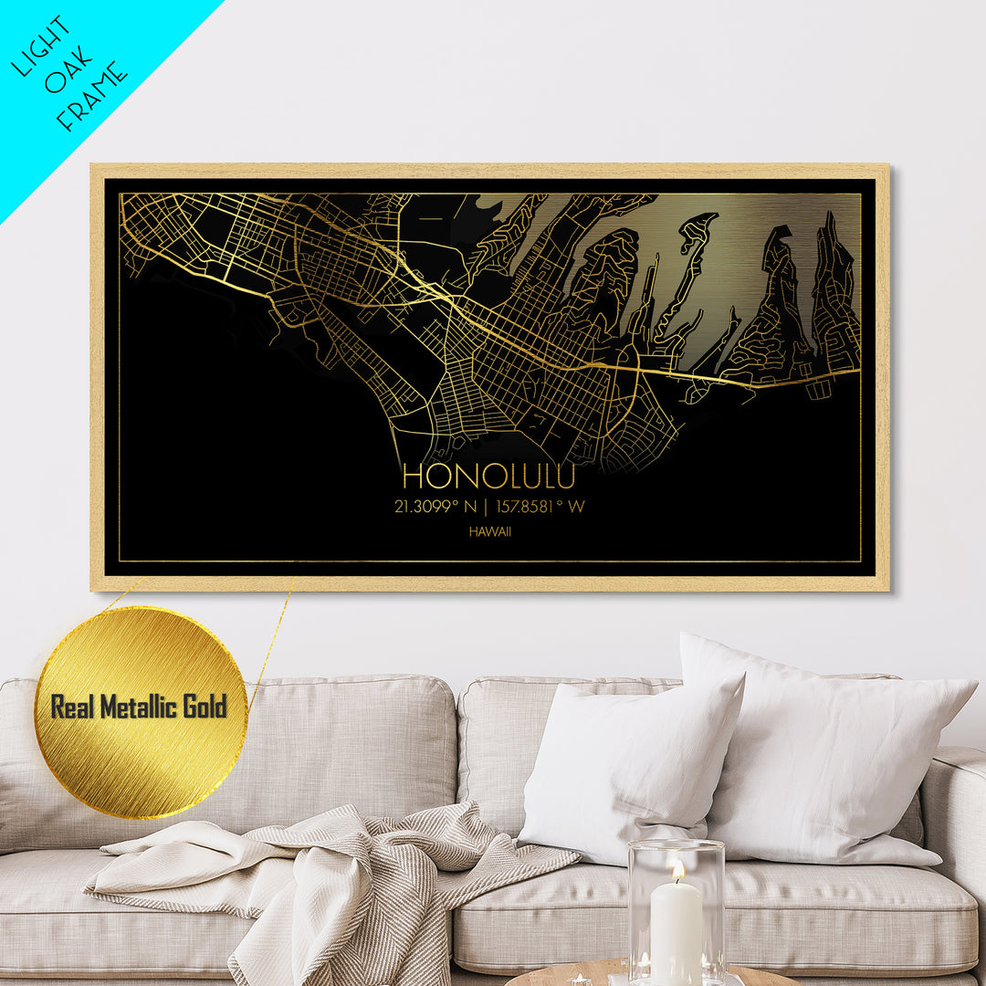 Honolulu Hawaii City Poster, Metallic Gold Art, Metal Art, real wood frames, black and gold, Street Map Wall Art, Best Friend Gifts