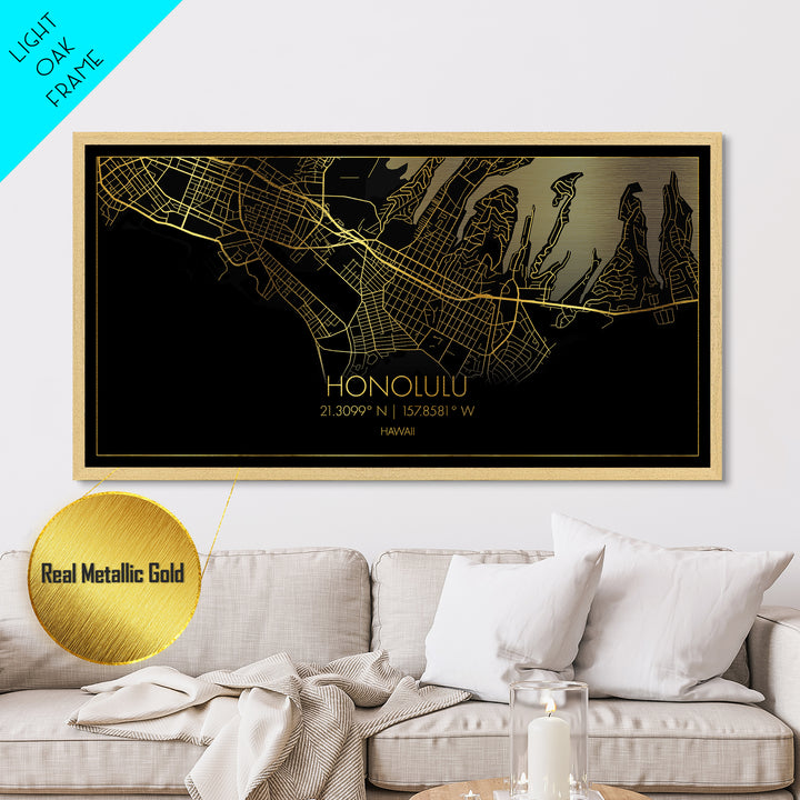 Honolulu Hawaii City Poster, Metallic Gold Art, Metal Art, real wood frames, black and gold, Street Map Wall Art, Best Friend Gifts
