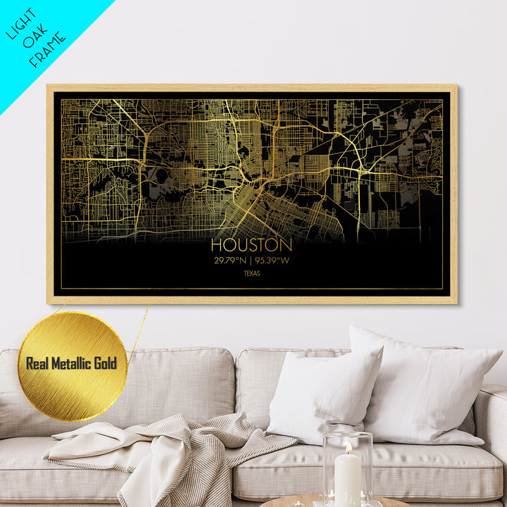 Houston Texas City street map, Metallic Gold Print, Metal Art, wood framed map, black and gold, Street Map Art, Travel Poster, Modern House Art