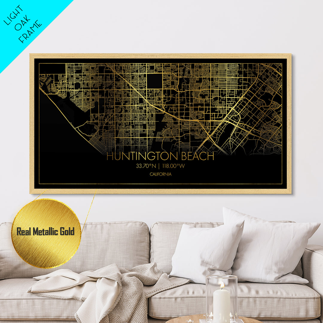 Huntington Beach California City Poster, Metallic Gold Art, Metal Art, real wood frames, black and gold, Street Map Wall Art, Office Decor