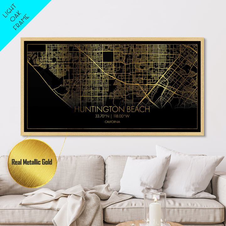 Huntington Beach California City Poster, Metallic Gold Art, Metal Art, real wood frames, black and gold, Street Map Wall Art, Office Decor