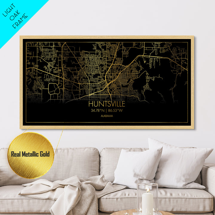 Huntsville Alabama City street map, Metallic Gold Print, Metal Art, wood framed map, black and gold, Street Map Art, Housewarming Gift