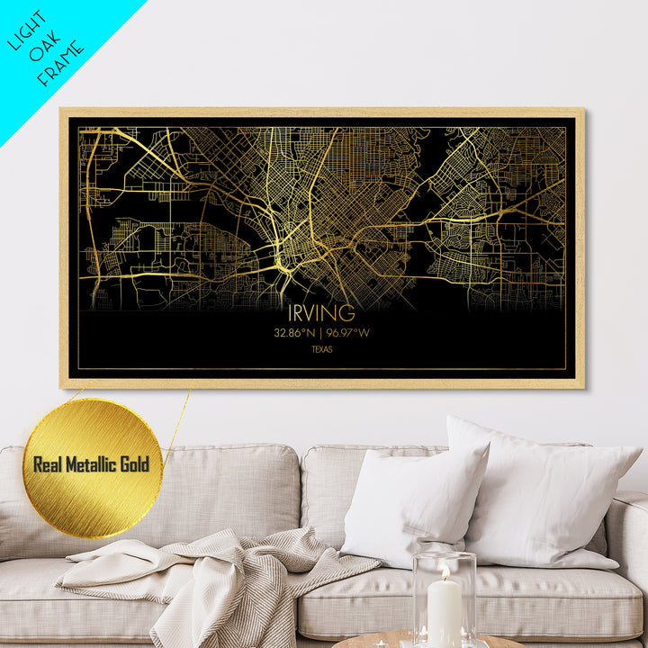 Irving Texas City Poster, Metallic Gold Art, Metal Art, real wood frames, black and gold, Street Map Wall Art, College Dorm Décor