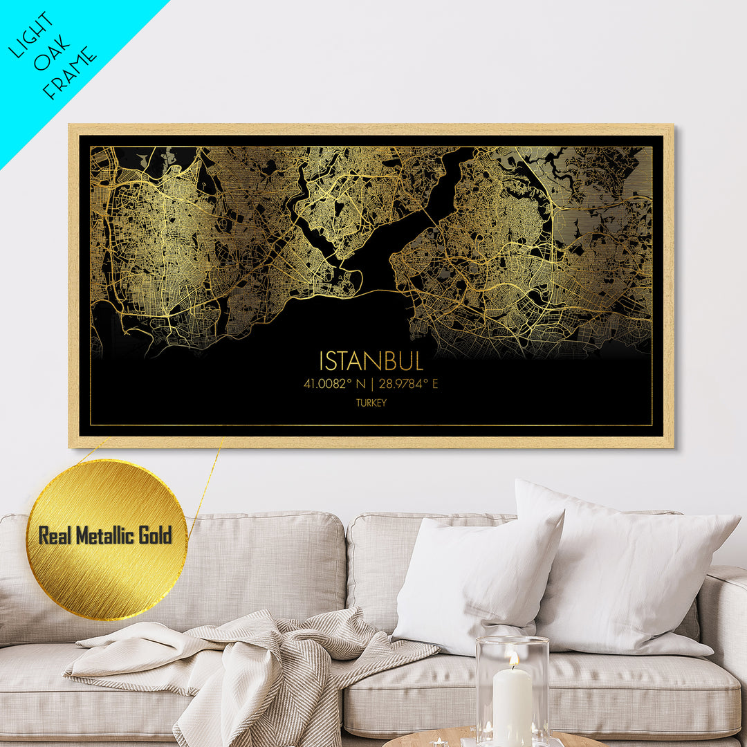 Istanbul Turkey City Poster, Metallic Gold Art, Metal Art, real wood frames, black and gold, Street Map Wall Art, Housewarming Gift