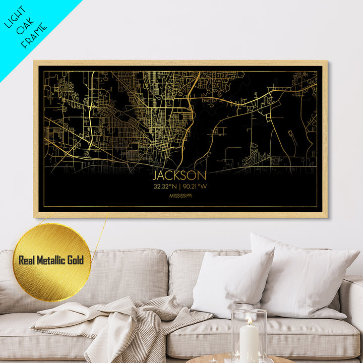 Jackson Mississippi City street map, Metallic Gold Print, Metal Art, wood framed map, black and gold, Street Map Art, Map Art