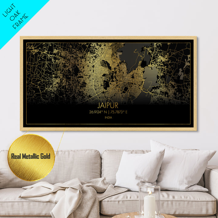 Jaipur India City street map, Metallic Gold Print, Metal Art, wood framed map, black and gold, Street Map Art, Gold Street Map Art