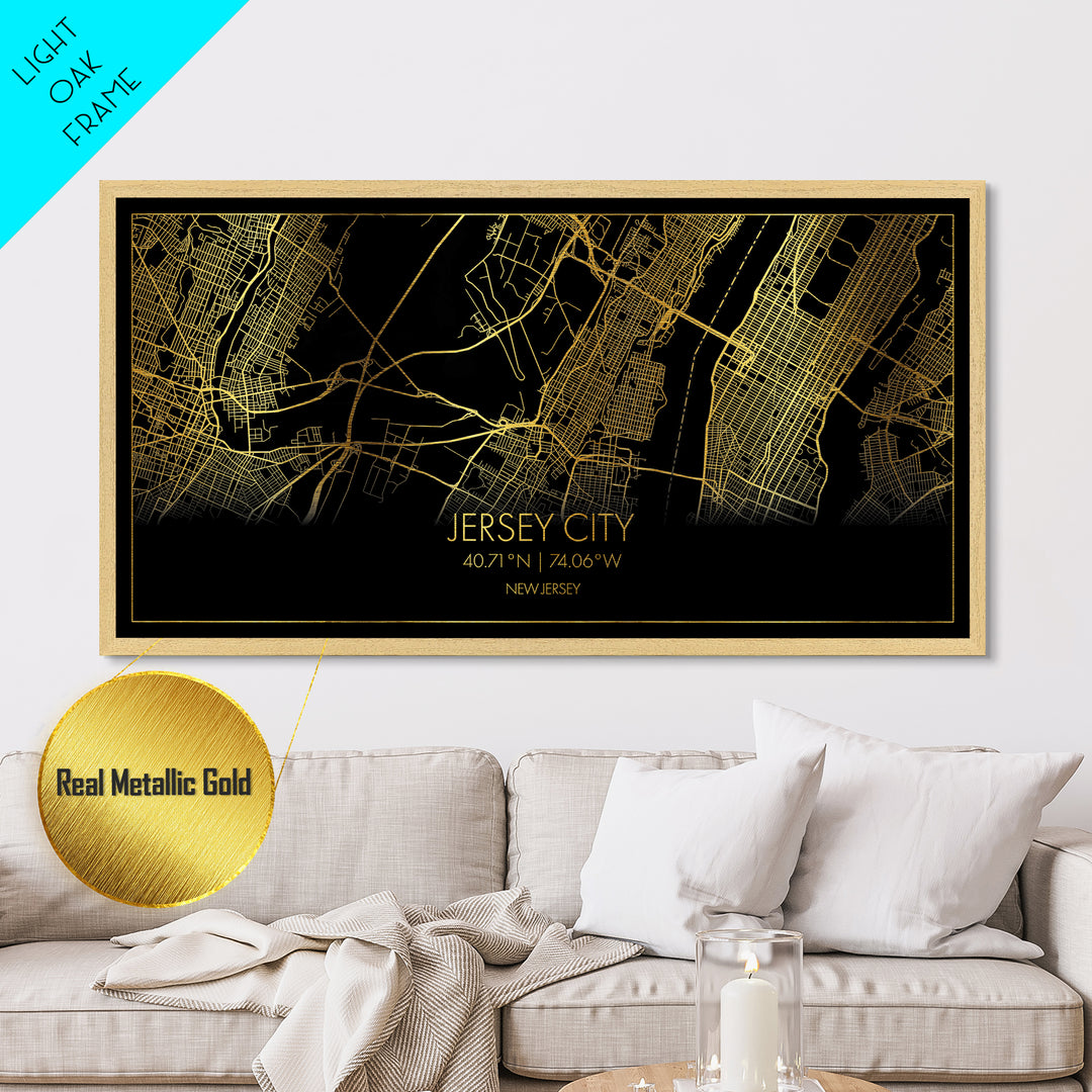 Jersey City New Jersey City Poster, Metallic Gold Art, Metal Art, real wood frames, black and gold, Street Map Wall Art, College Dorm Décor